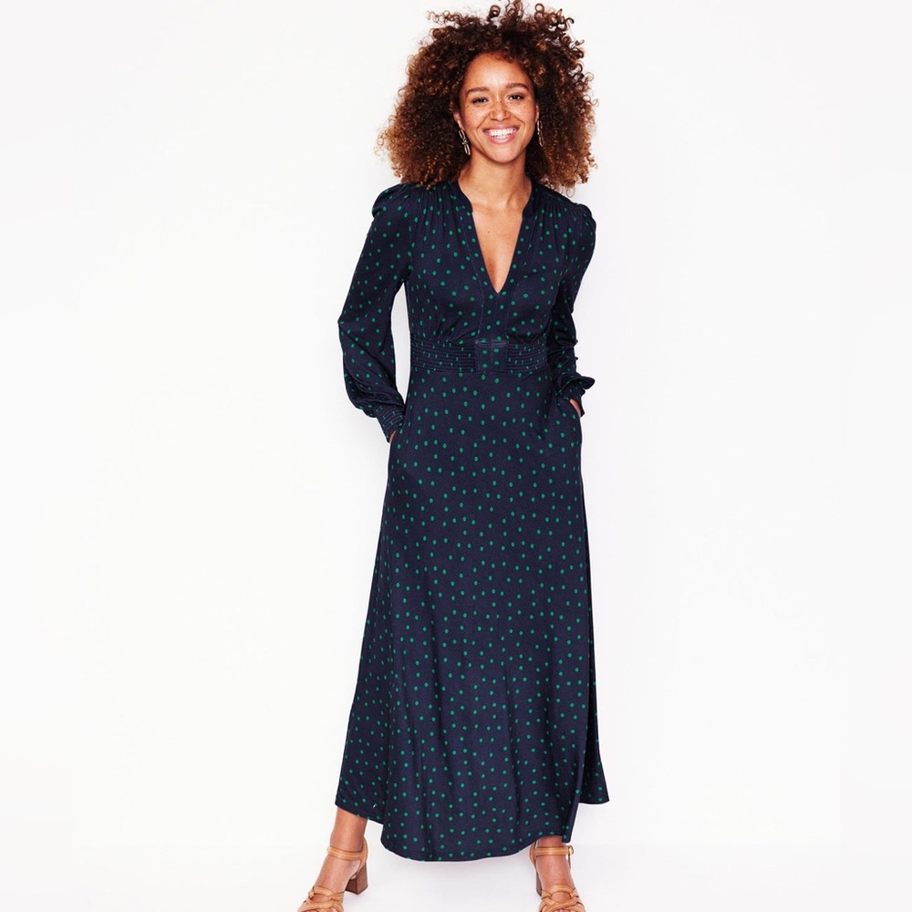 Boden Ivy Smocked Waist Polka Dot Midi Dress. Size 4R